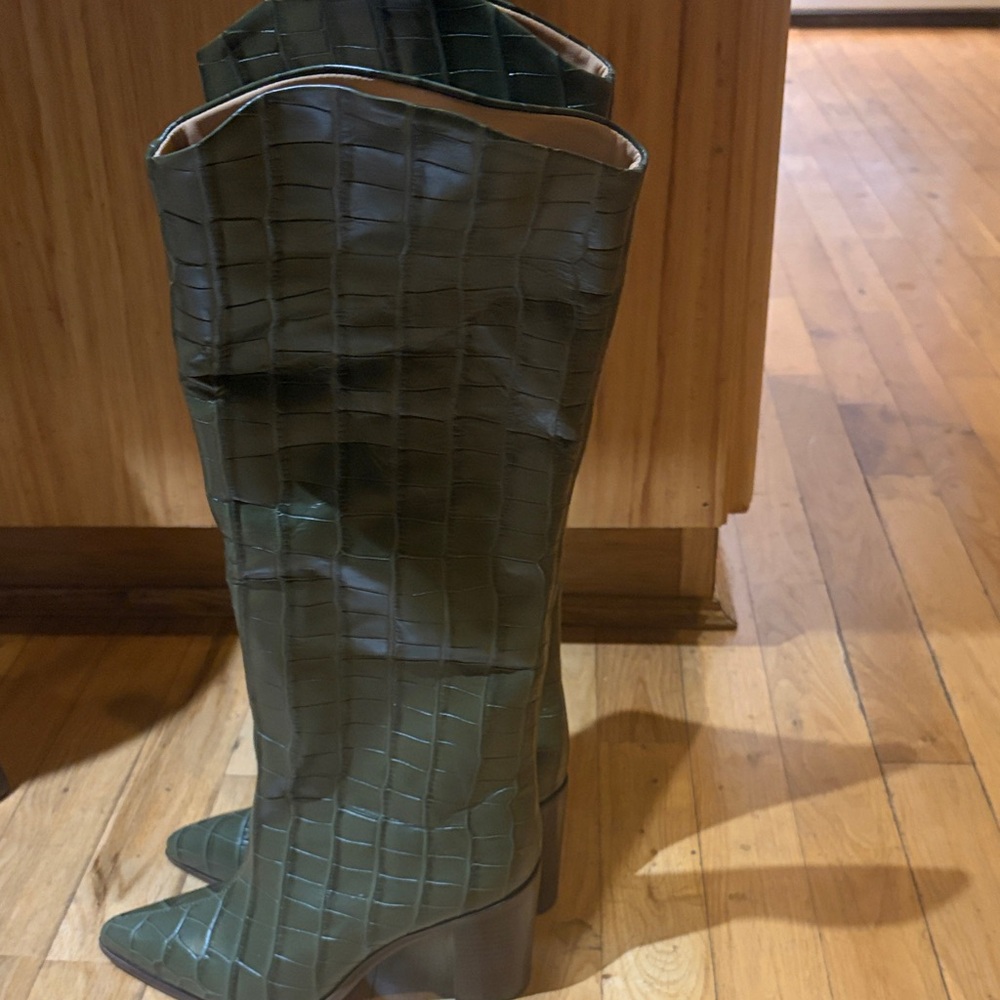 SCHUTZ Olive Croc-Embossed Over-the-Knee Boots | Luxe Block Heel
